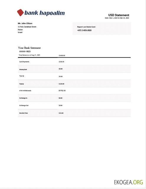 Modèle Word et PDF de relevé bancaire de la banque israélienne Hapoalim